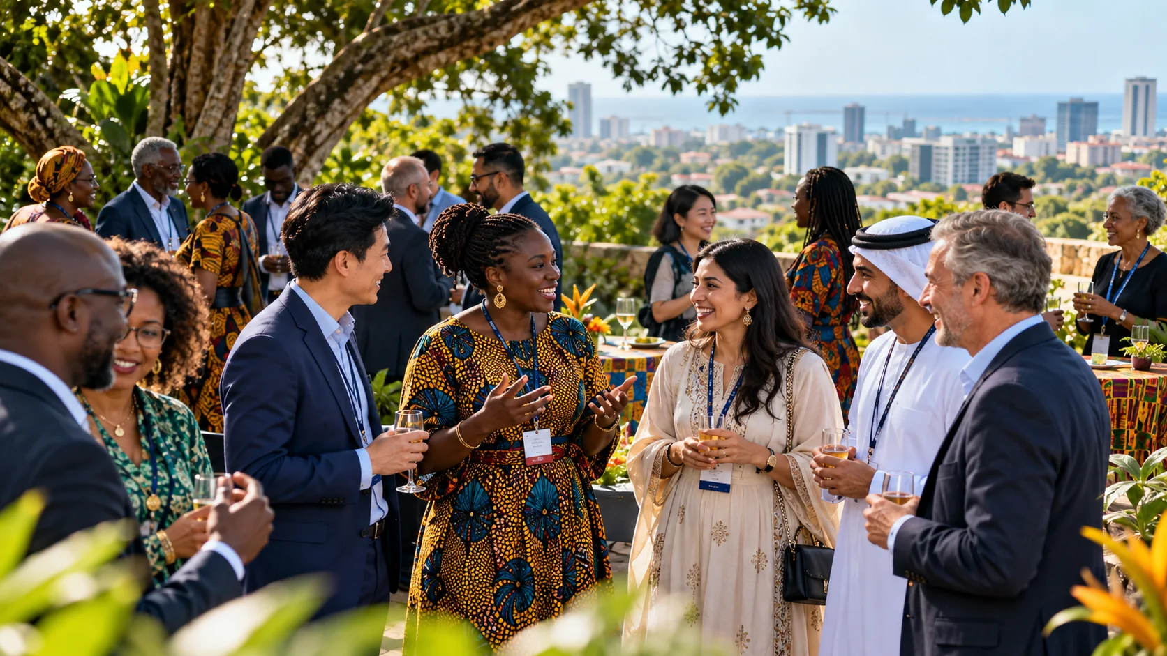 Illustrative alumni from different generations and backgrounds reconnecting on campus